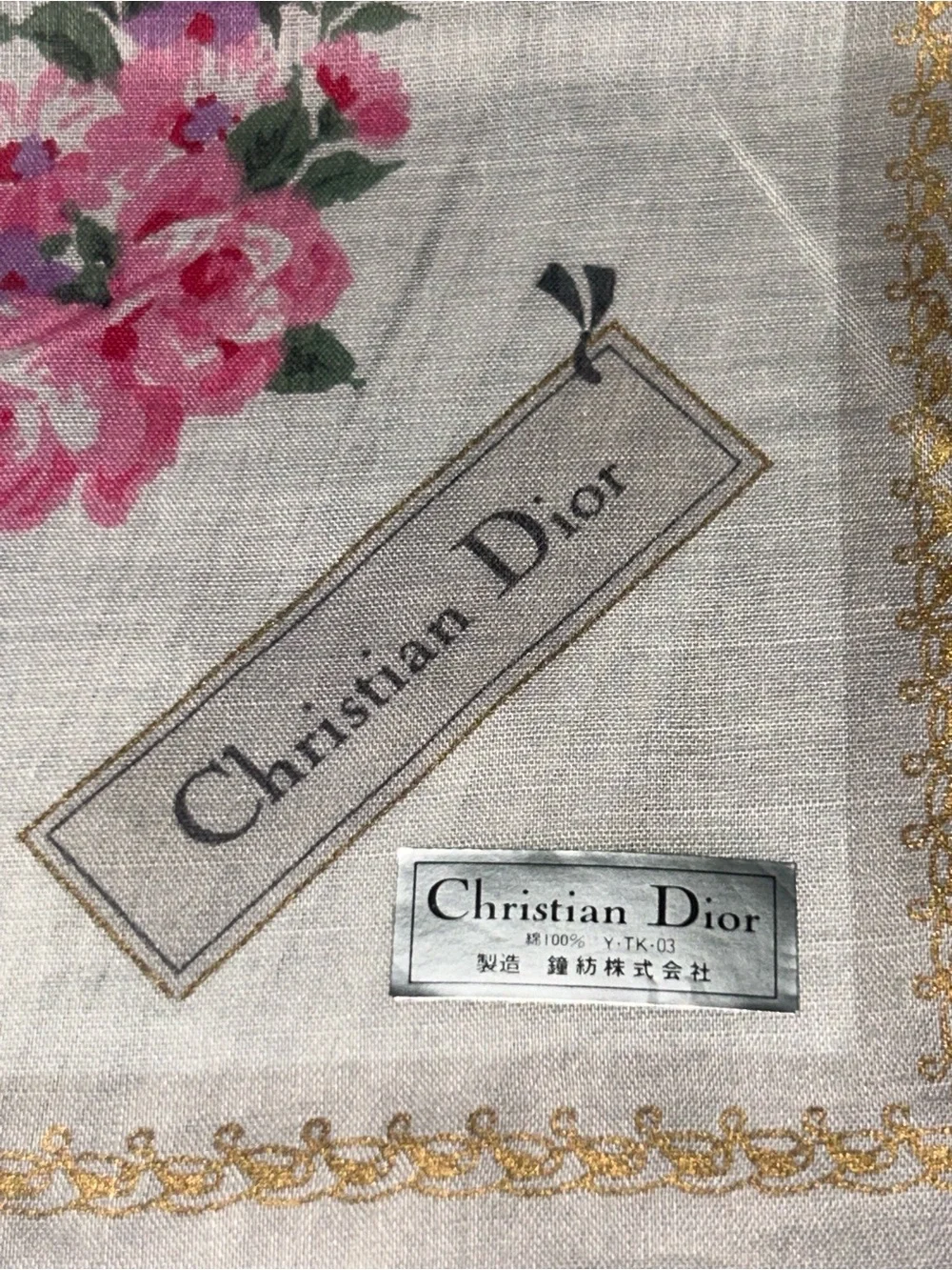 Vintage Christian Dior Pink Floral Cotton Handkerchief